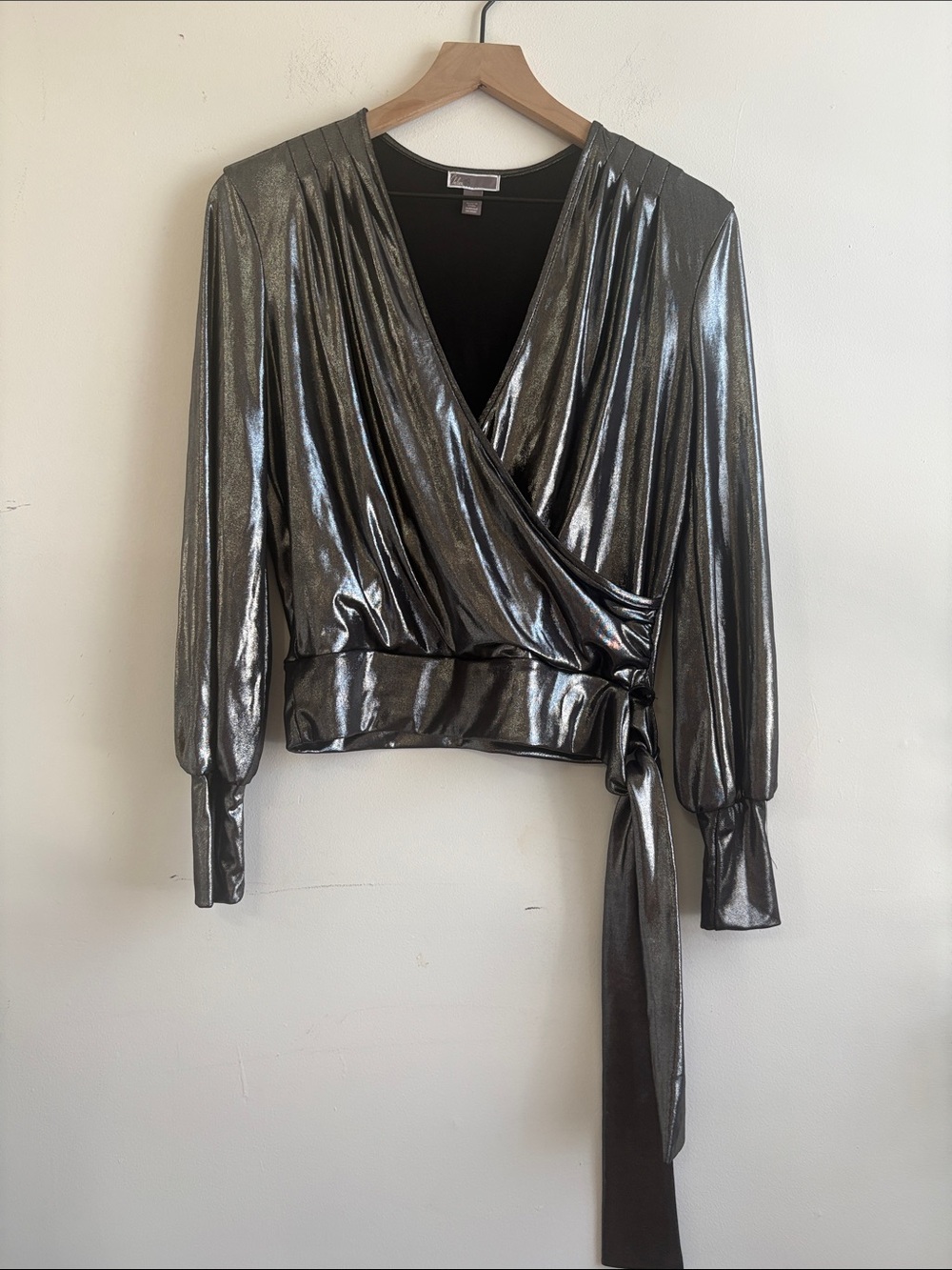 Chelsea28 Metallic Gunmetal Wrap Top with Tie